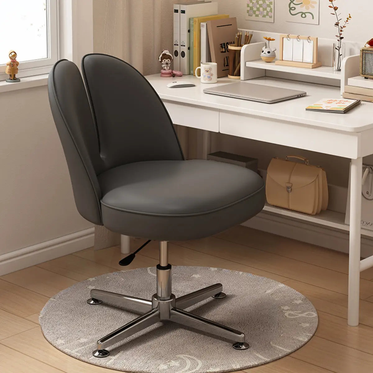 Modern Curved Pink Alloy Adjustable Task Stool — Blue / Microfiber Leather