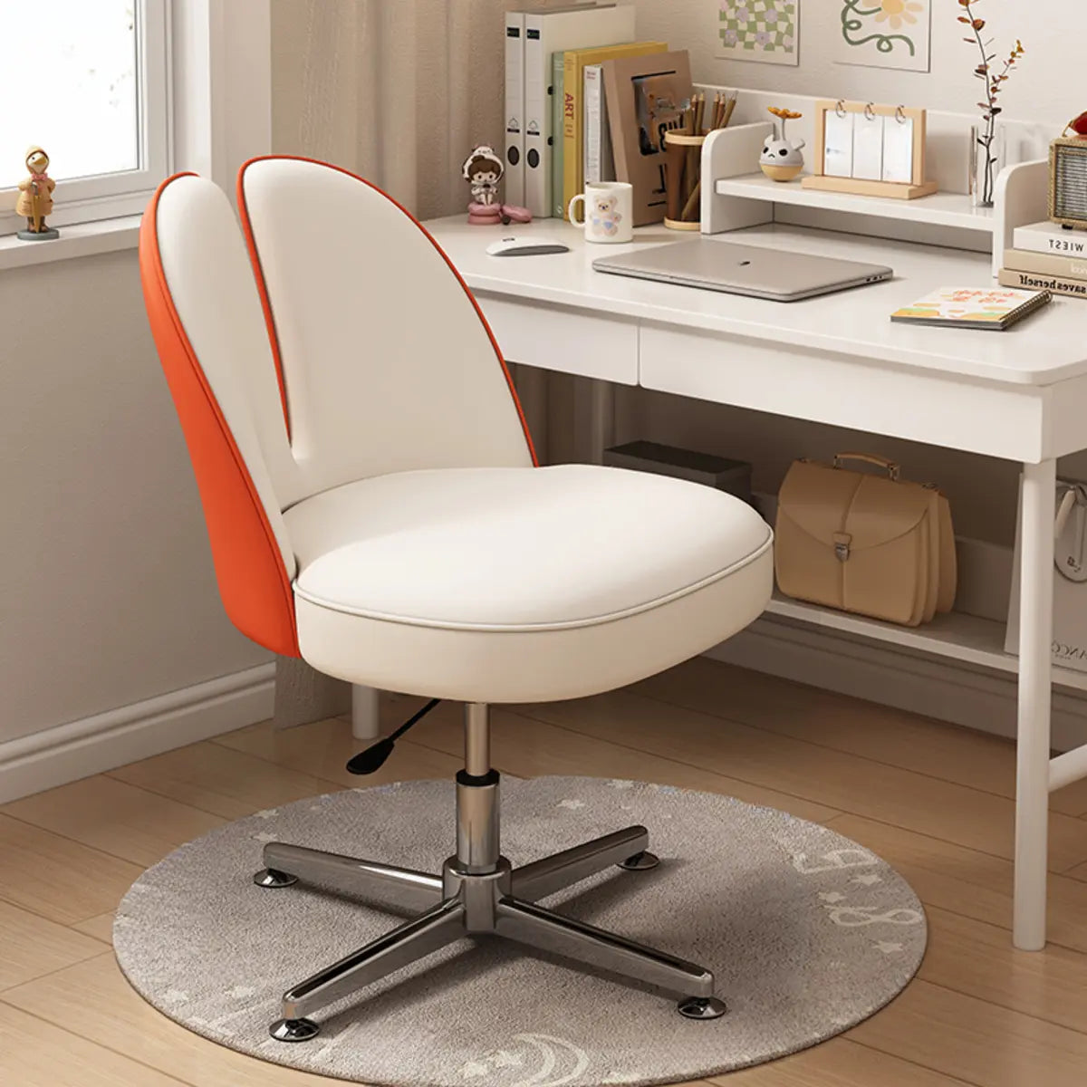 Modern Curved Pink Alloy Adjustable Task Stool — Khaki / Microfiber Leather