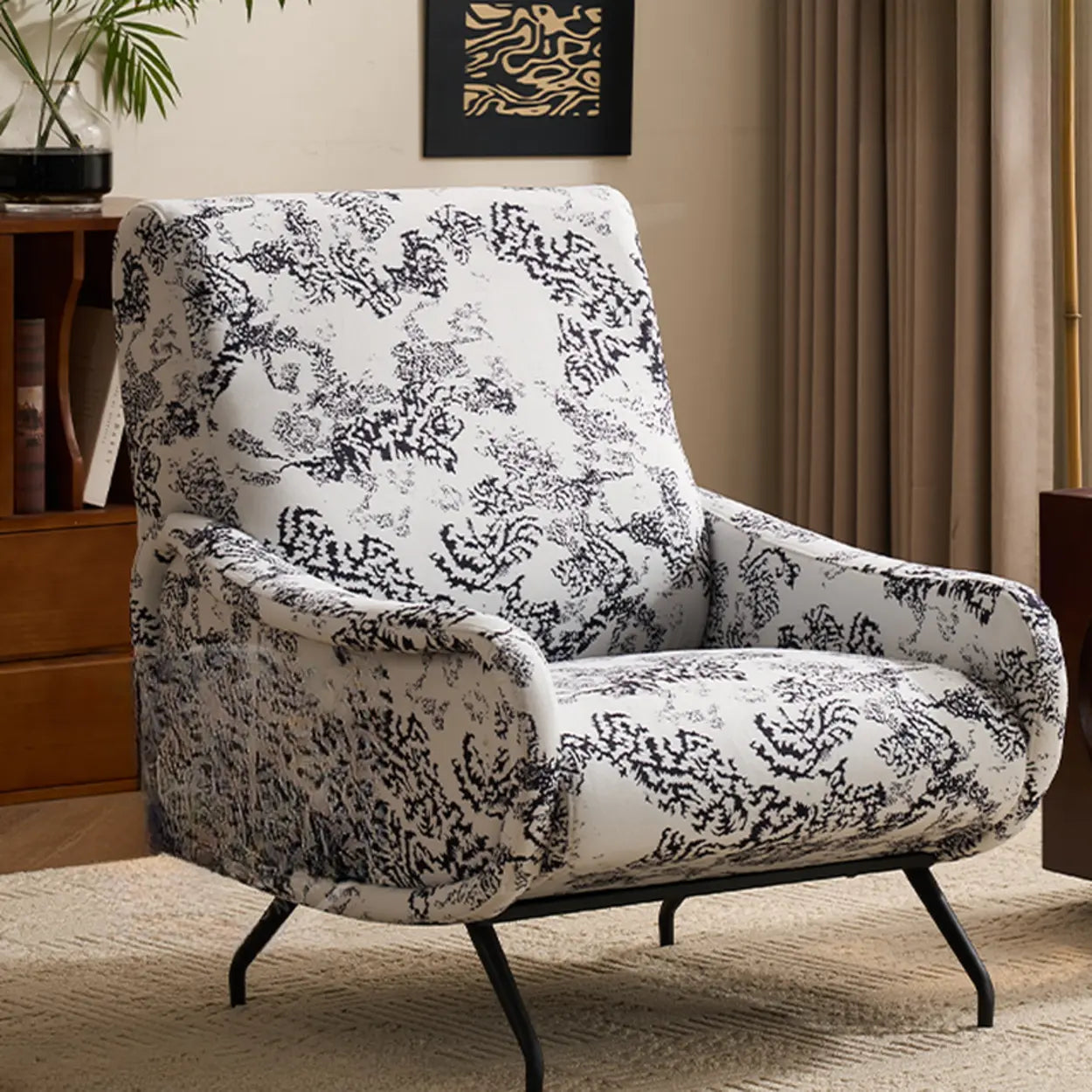 Modern Curved Back Fabric Accent Chair — Black and White / Jacquard Fabric