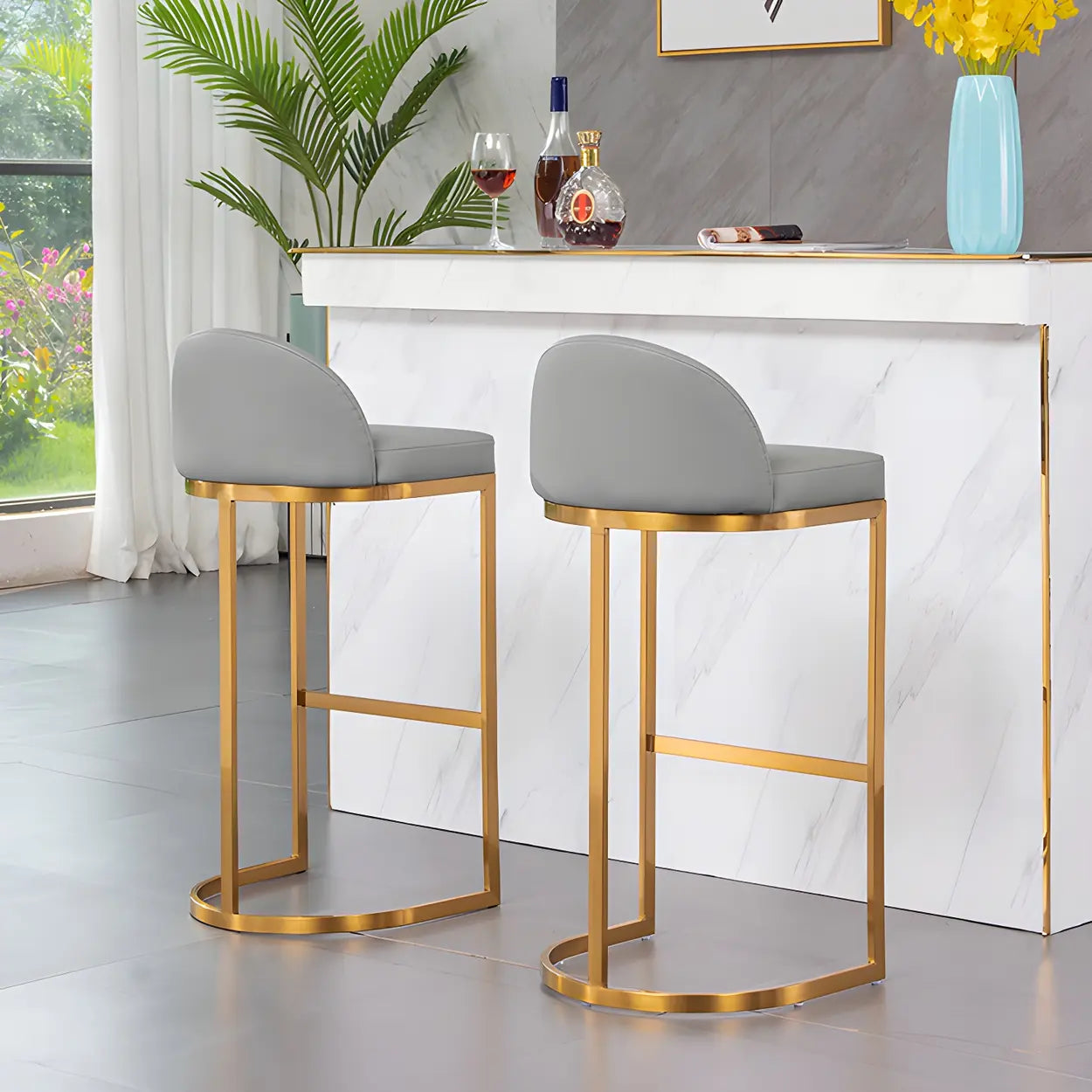 Modern Curved Back Leather Bucket Counter Bar Stool