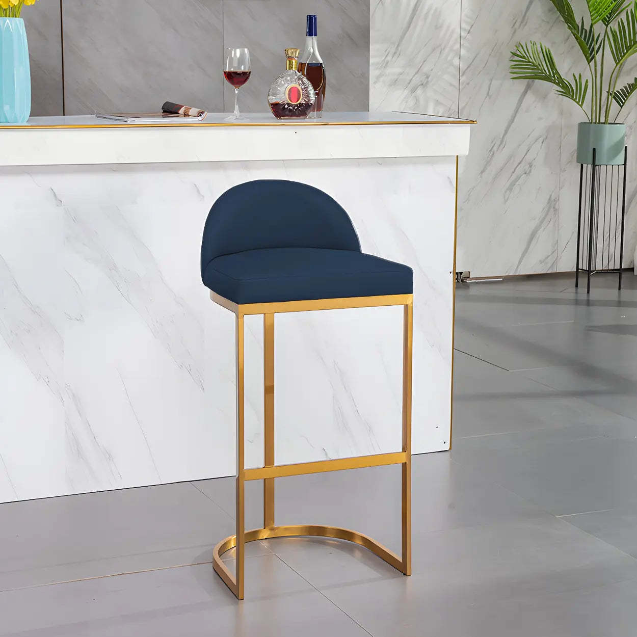 Modern Curved Back Leather Bucket Counter Bar Stool — Silver / Gray