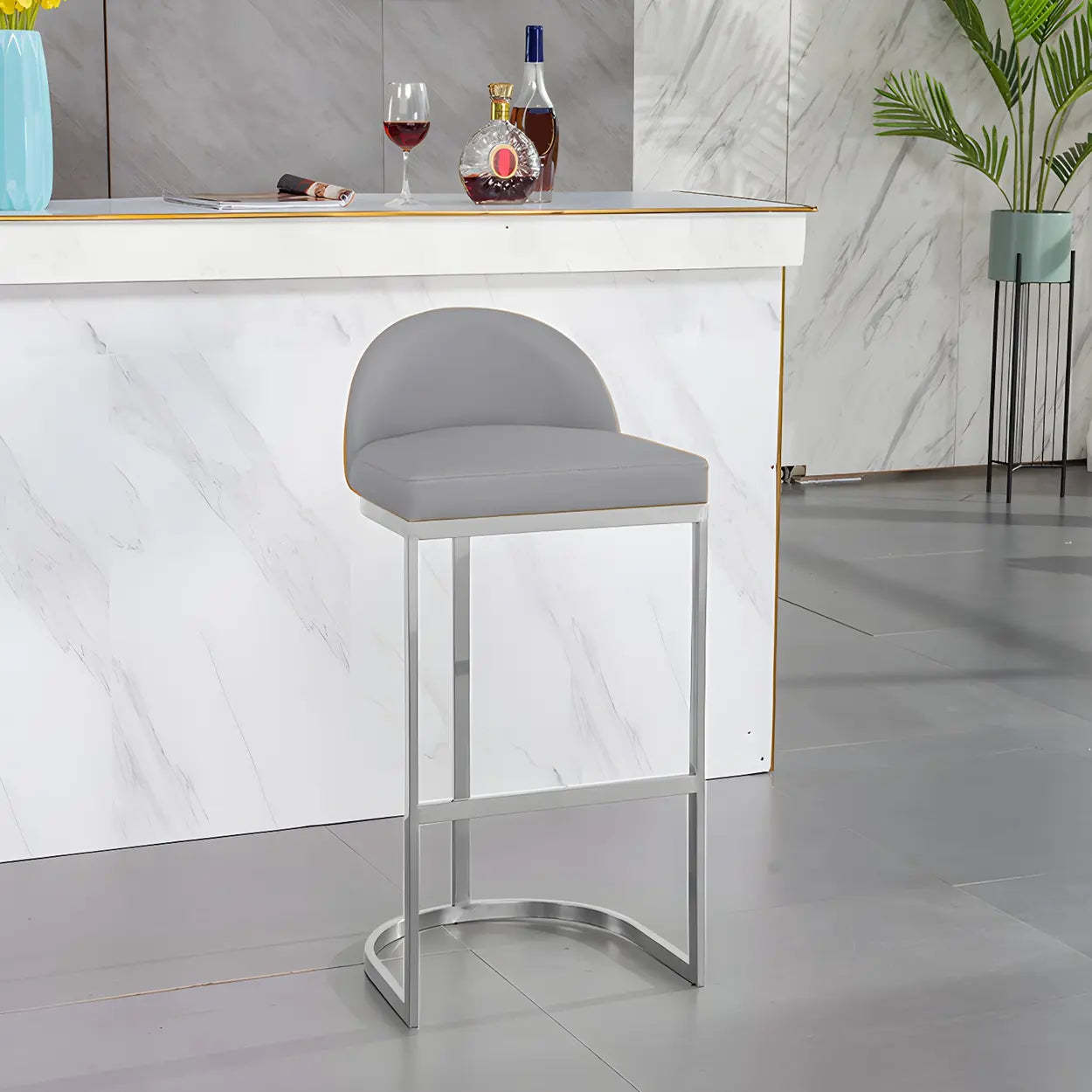Modern Curved Back Leather Bucket Counter Bar Stool — Silver / White