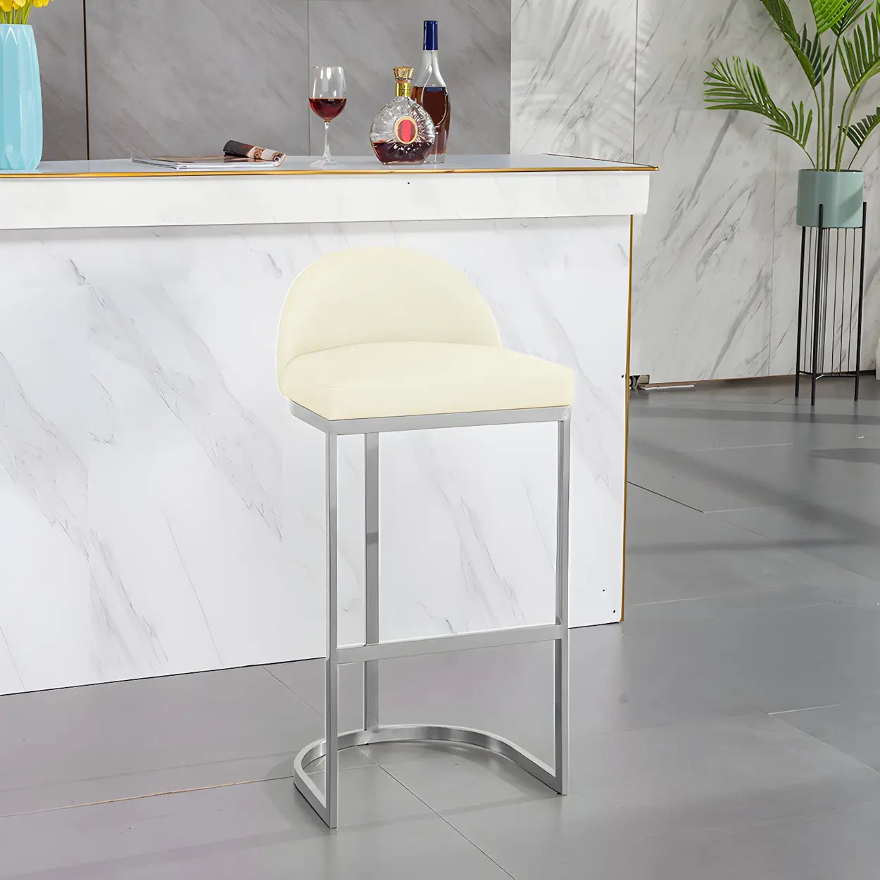Modern Curved Back Leather Bucket Counter Bar Stool — Silver / Orange