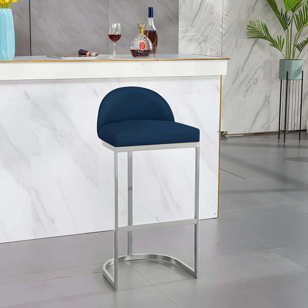 Modern Curved Back Leather Bucket Counter Bar Stool — Silver / Orange