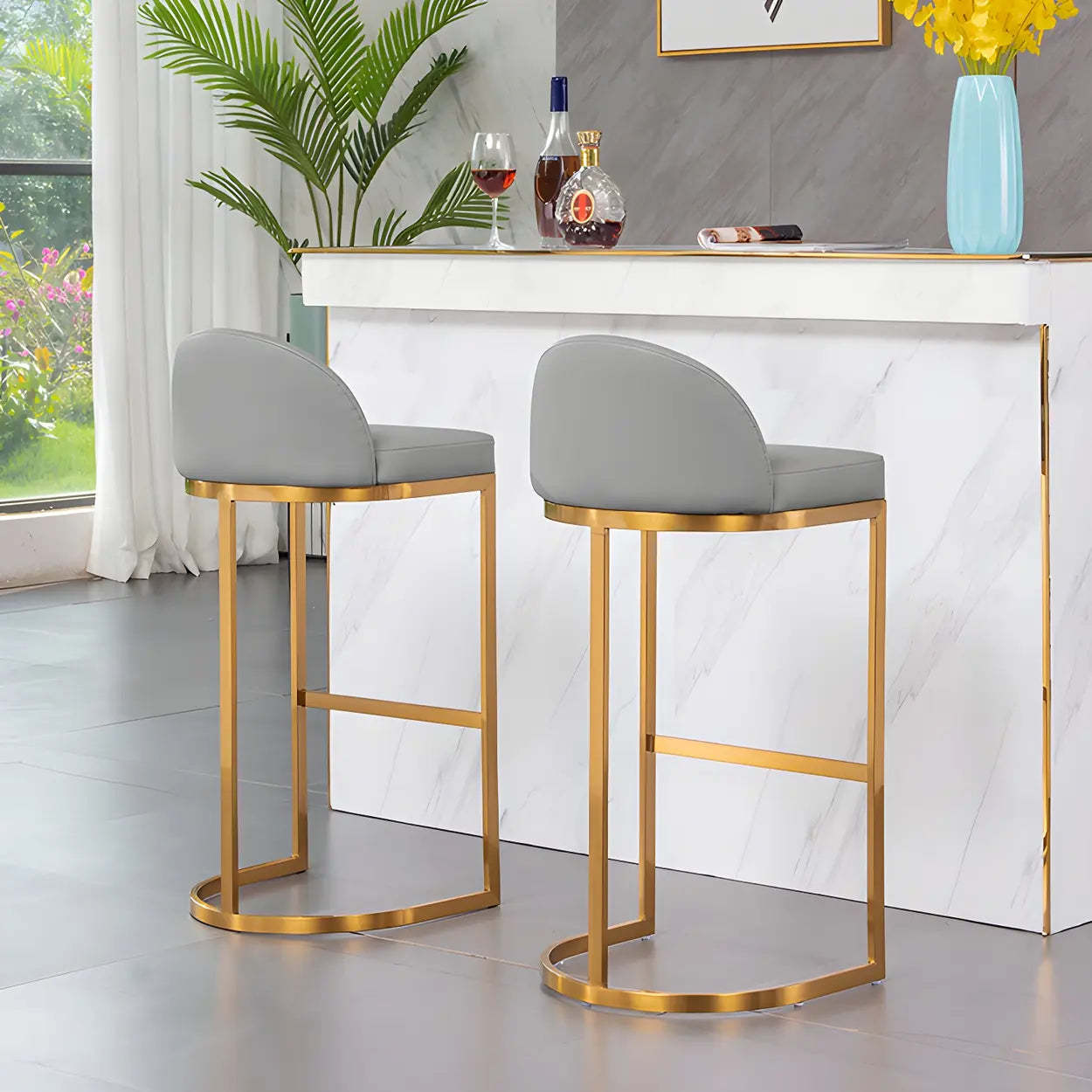 Modern Curved Back Leather Bucket Counter Bar Stool — Gold / Gray