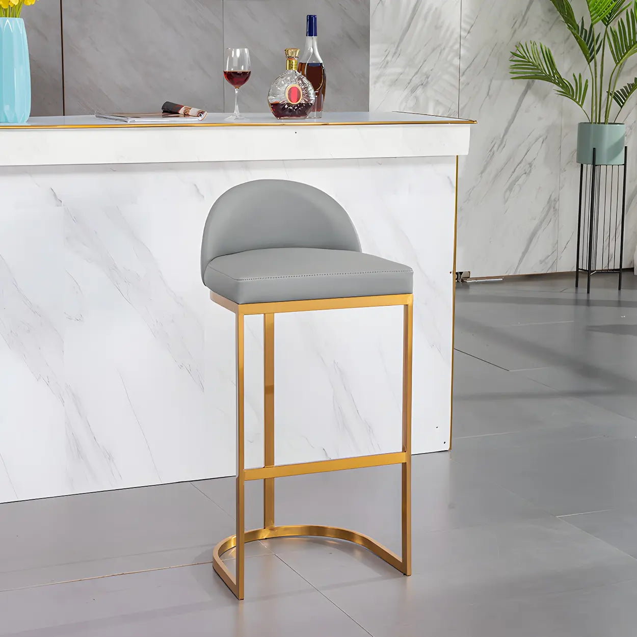 Modern Curved Back Leather Bucket Counter Bar Stool — Gold / Gray