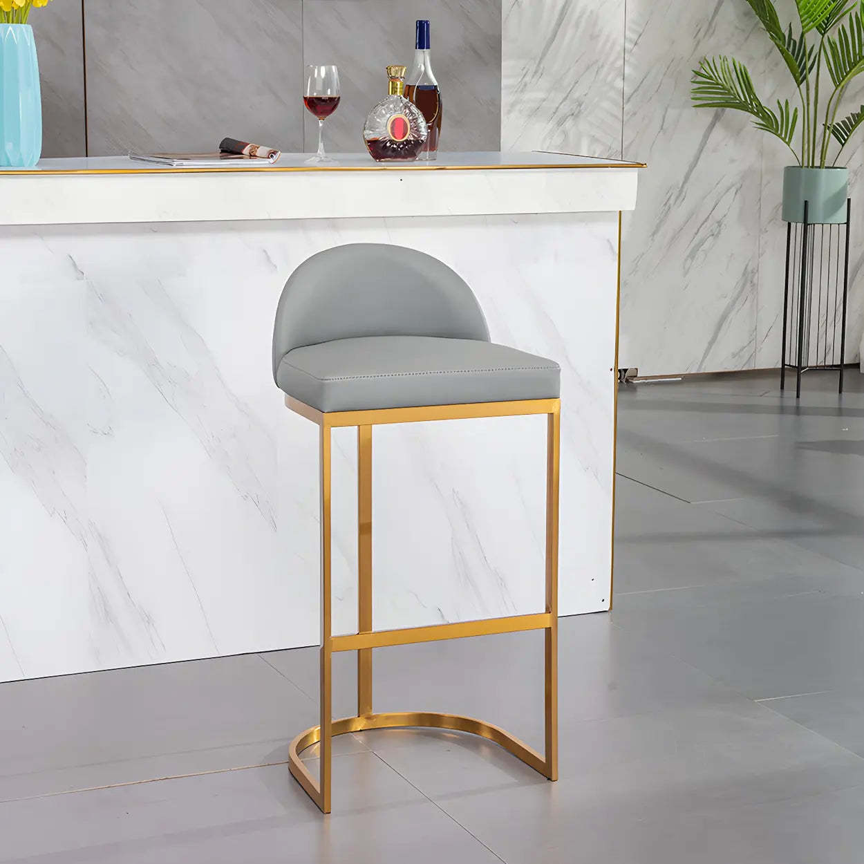 Modern Curved Back Leather Bucket Counter Bar Stool — Gold / Gray