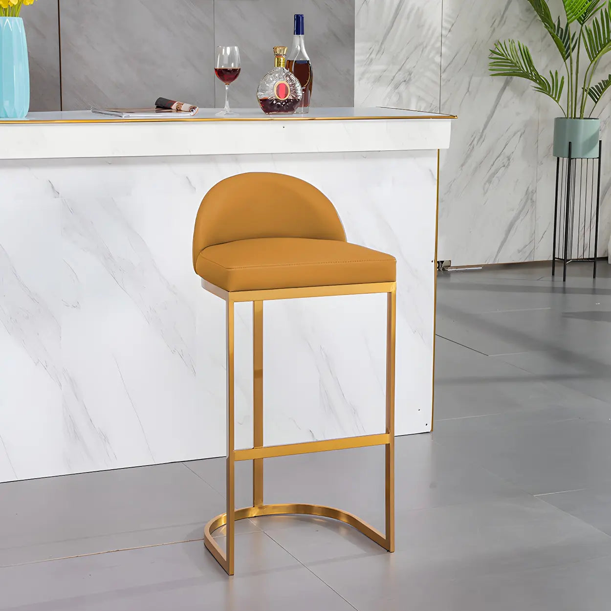 Modern Curved Back Leather Bucket Counter Bar Stool — Gold / Blue