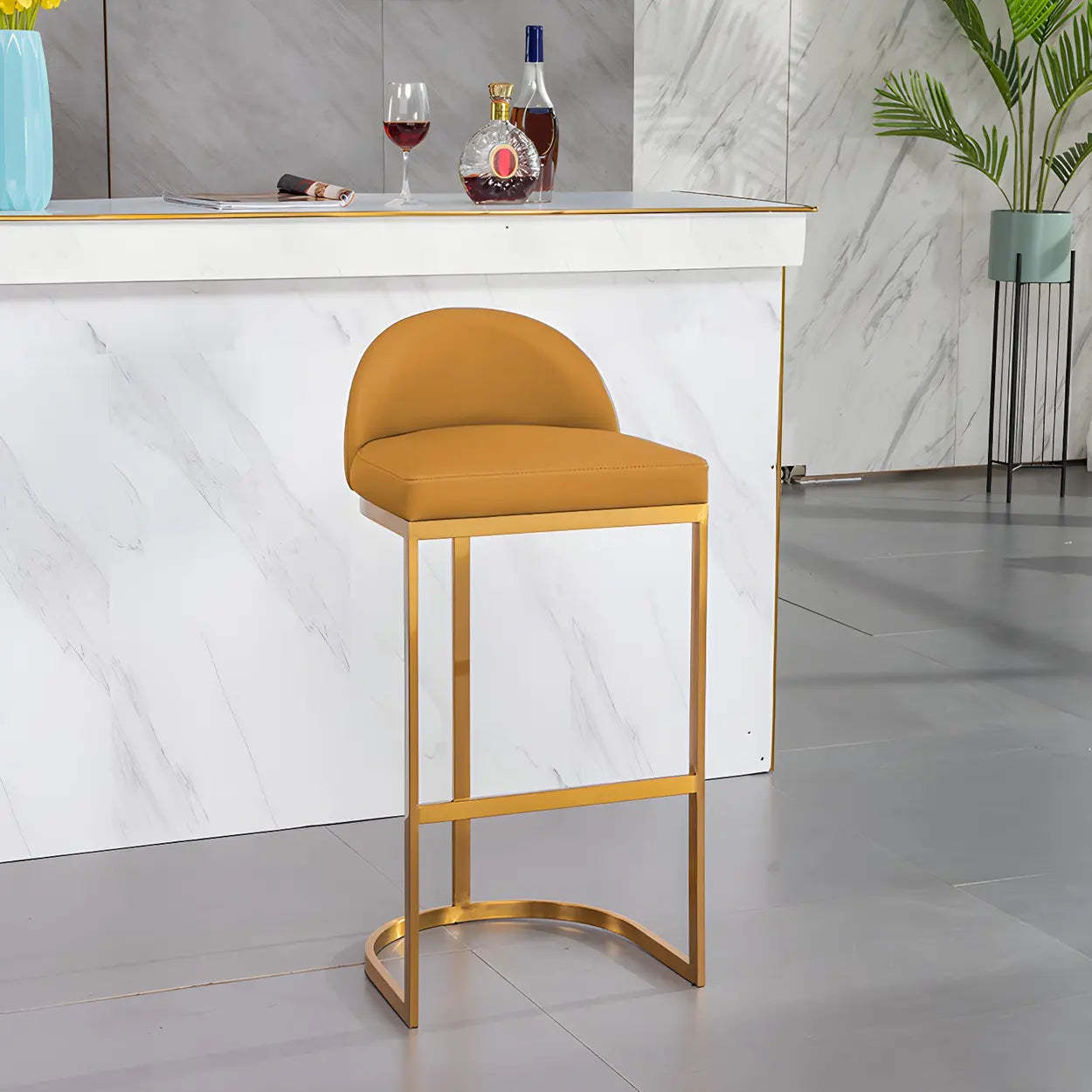 Modern Curved Back Leather Bucket Counter Bar Stool — Gold / Blue