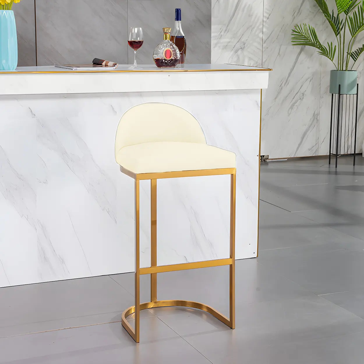 Modern Curved Back Leather Bucket Counter Bar Stool — Silver / Gray