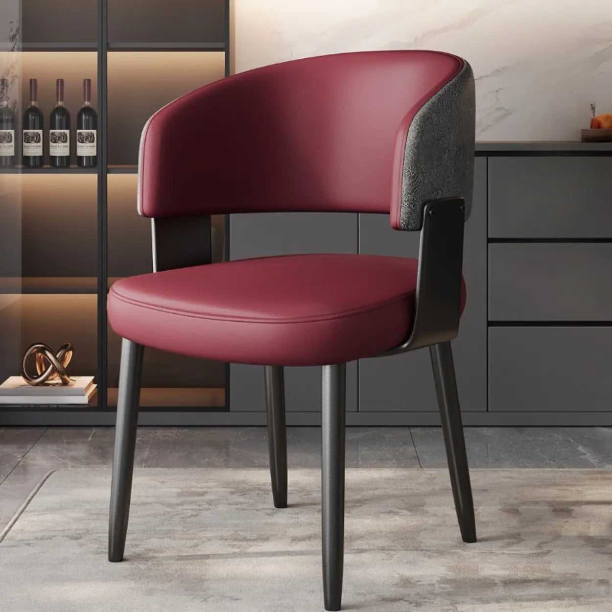 Modern Curved Back Dining Chair with Metal Legs — Textured Black / Black