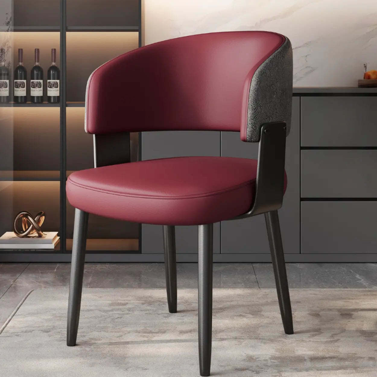 Modern Curved Back Dining Chair with Metal Legs — Textured Black / Black