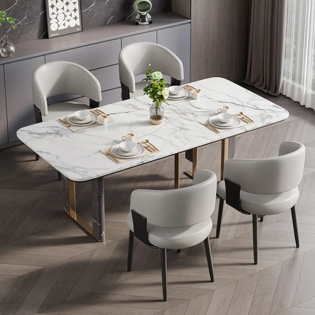 Modern Curved Back Dining Chair with Metal Legs — Textured Black / Black/ Gold