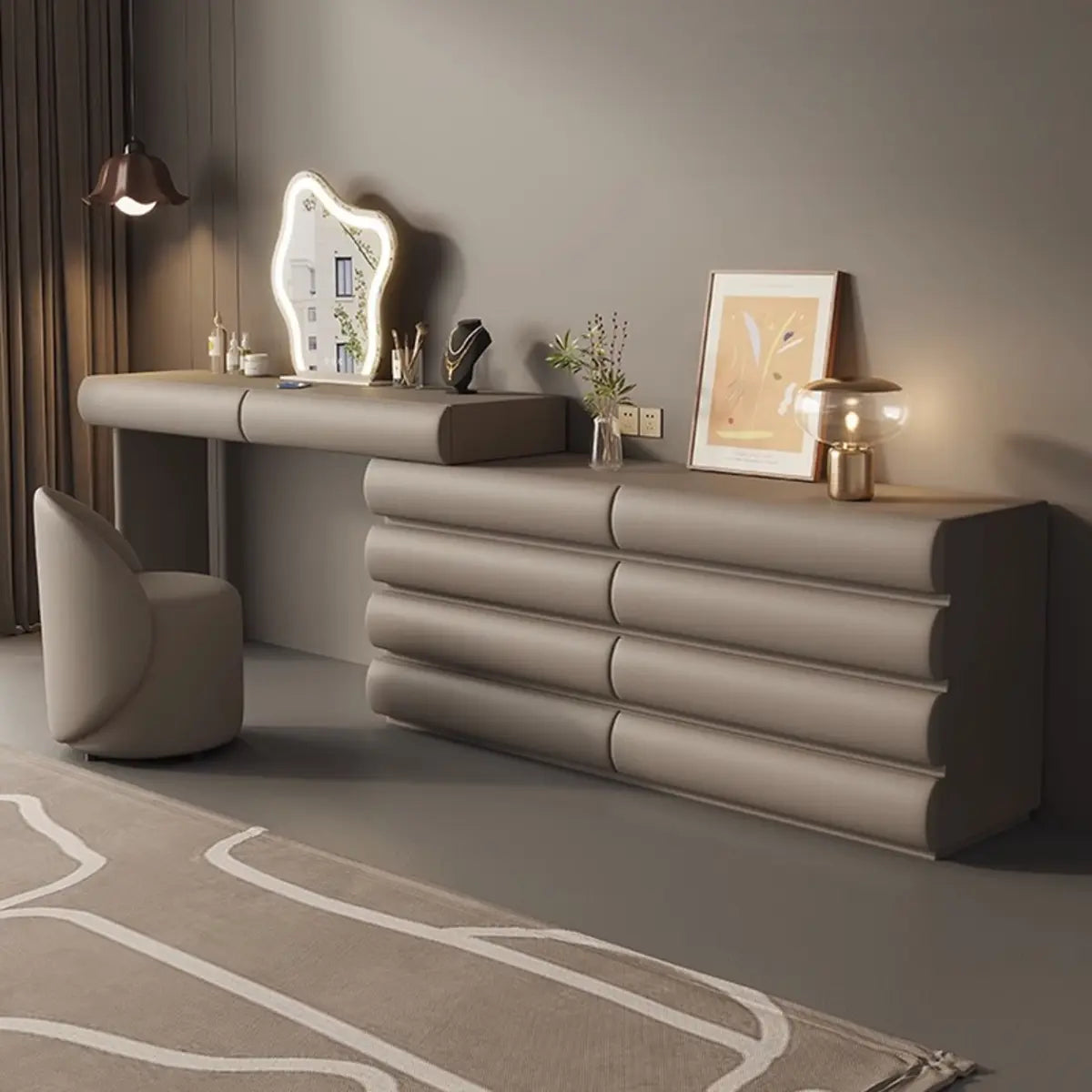 Modern Curved Khaki Fabric Sliding Vanity