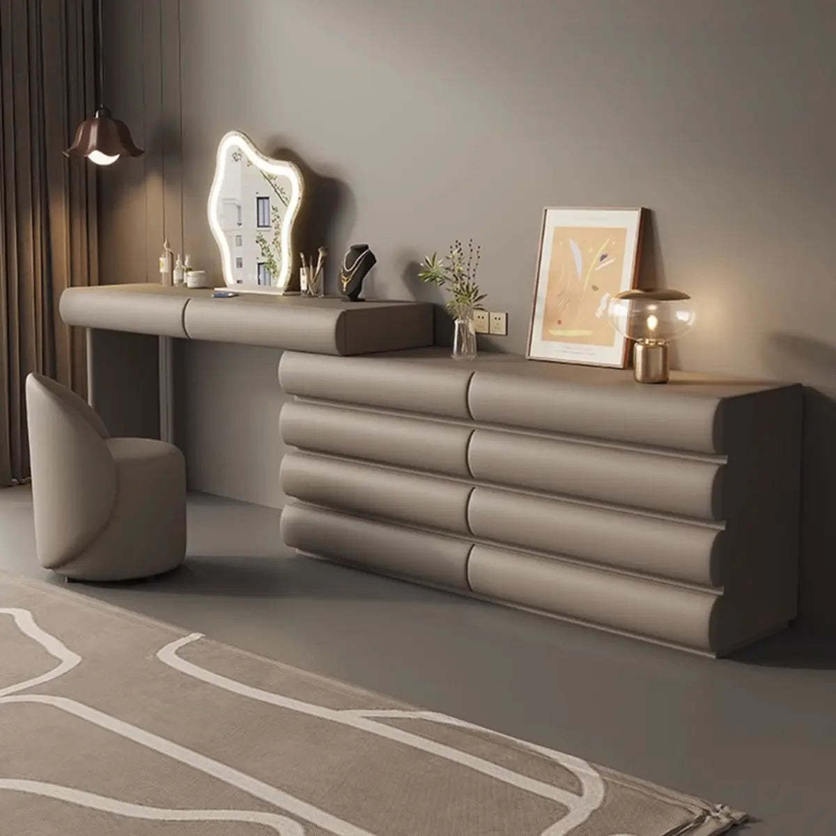 Modern Curved Khaki Fabric Sliding Vanity