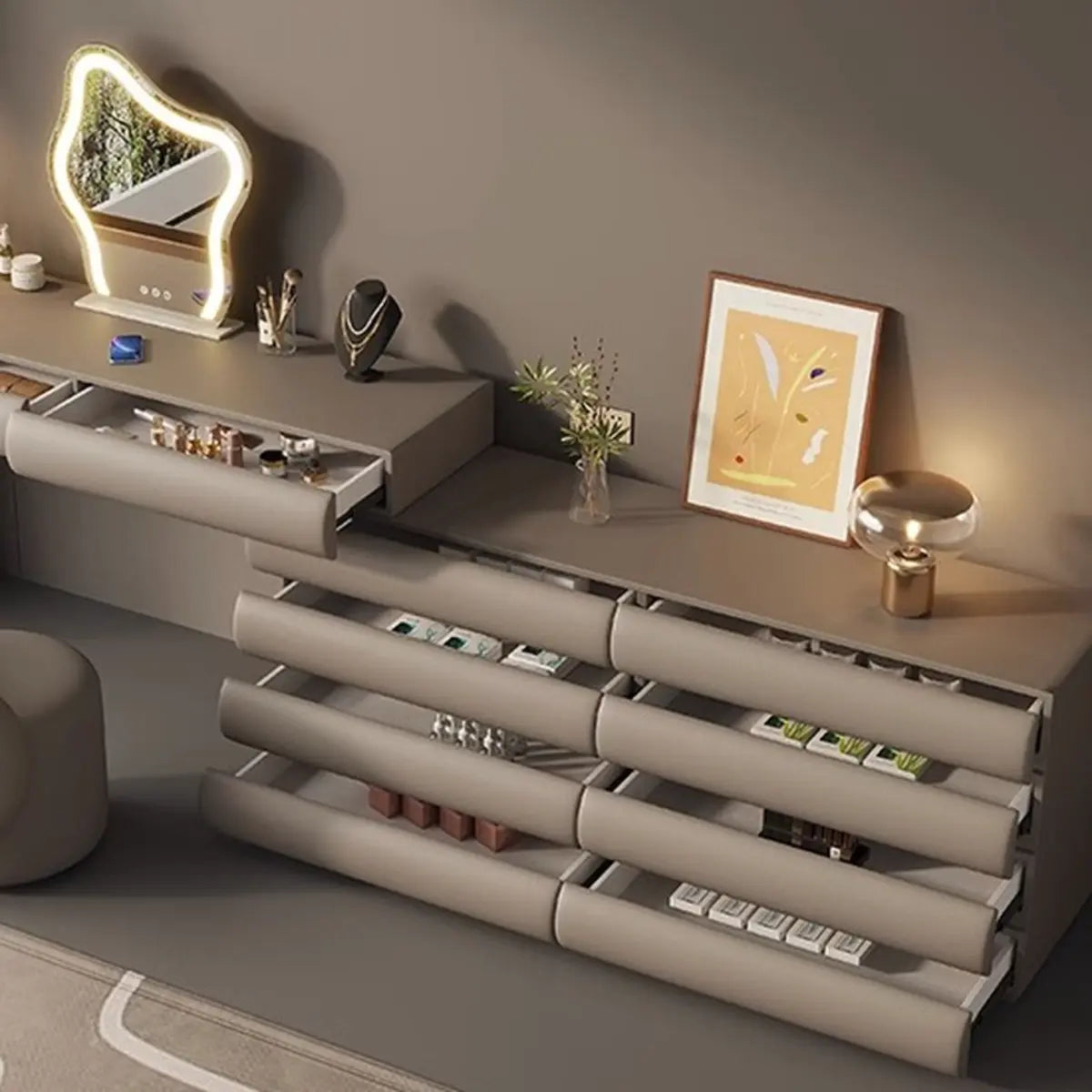Modern Curved Khaki Fabric Sliding Vanity