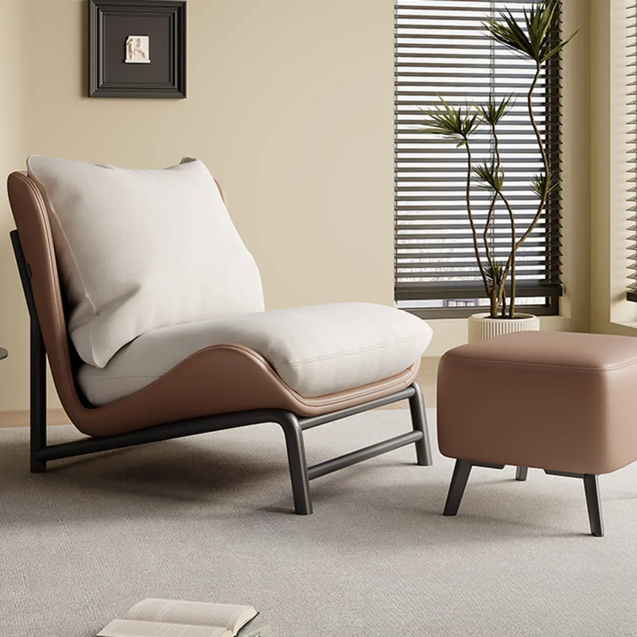 Modern Curved Leather Pillow Back Accent Chair — Off-White / Anti Cat Scratch Leather / Beige