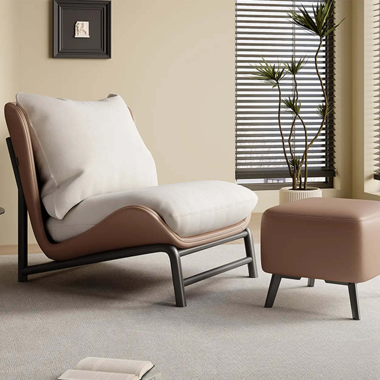 Modern Curved Leather Pillow Back Accent Chair — Off-White / Anti Cat Scratch Leather / Beige