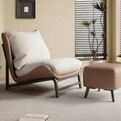 Modern Curved Leather Pillow Back Accent Chair — Off-White / Anti Cat Scratch Leather / Beige
