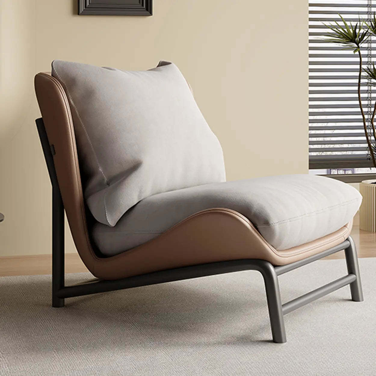 Modern Curved Leather Pillow Back Accent Chair — Brown / Dove Velvet / Gray