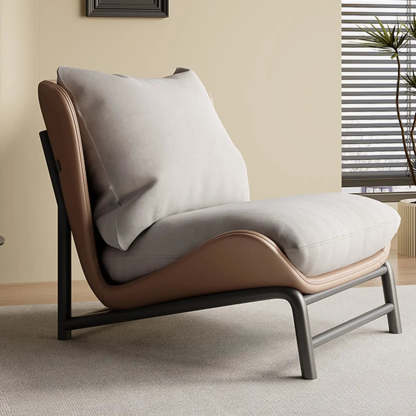 Modern Curved Leather Pillow Back Accent Chair — Brown / Dove Velvet / Gray