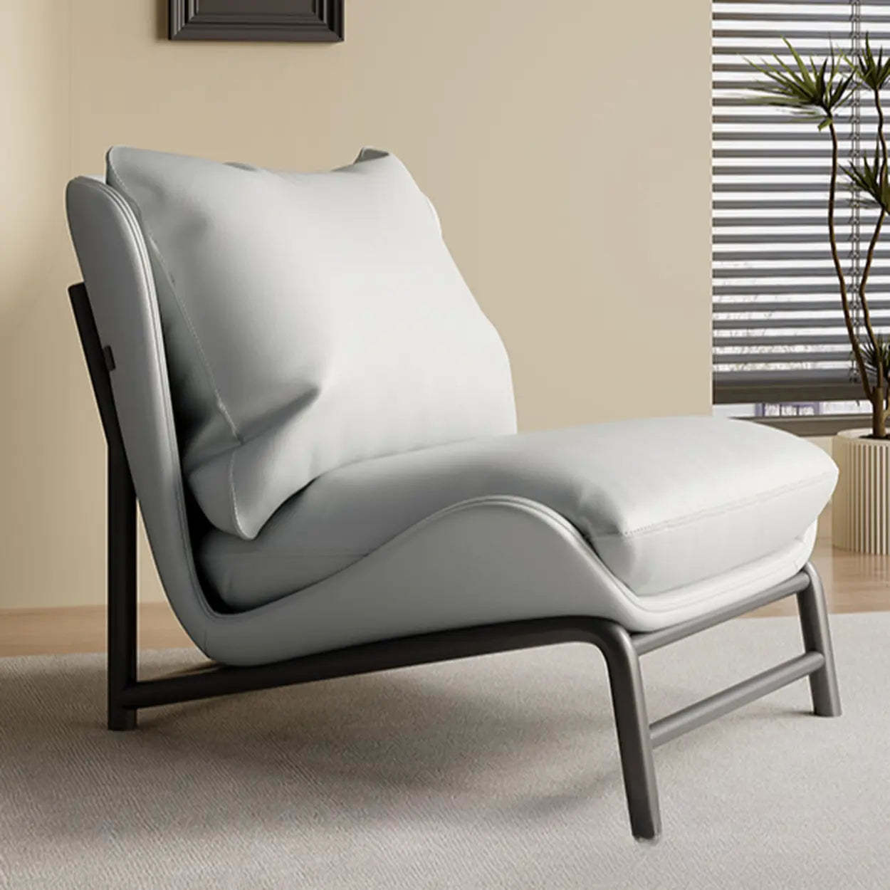 Modern Curved Leather Pillow Back Accent Chair