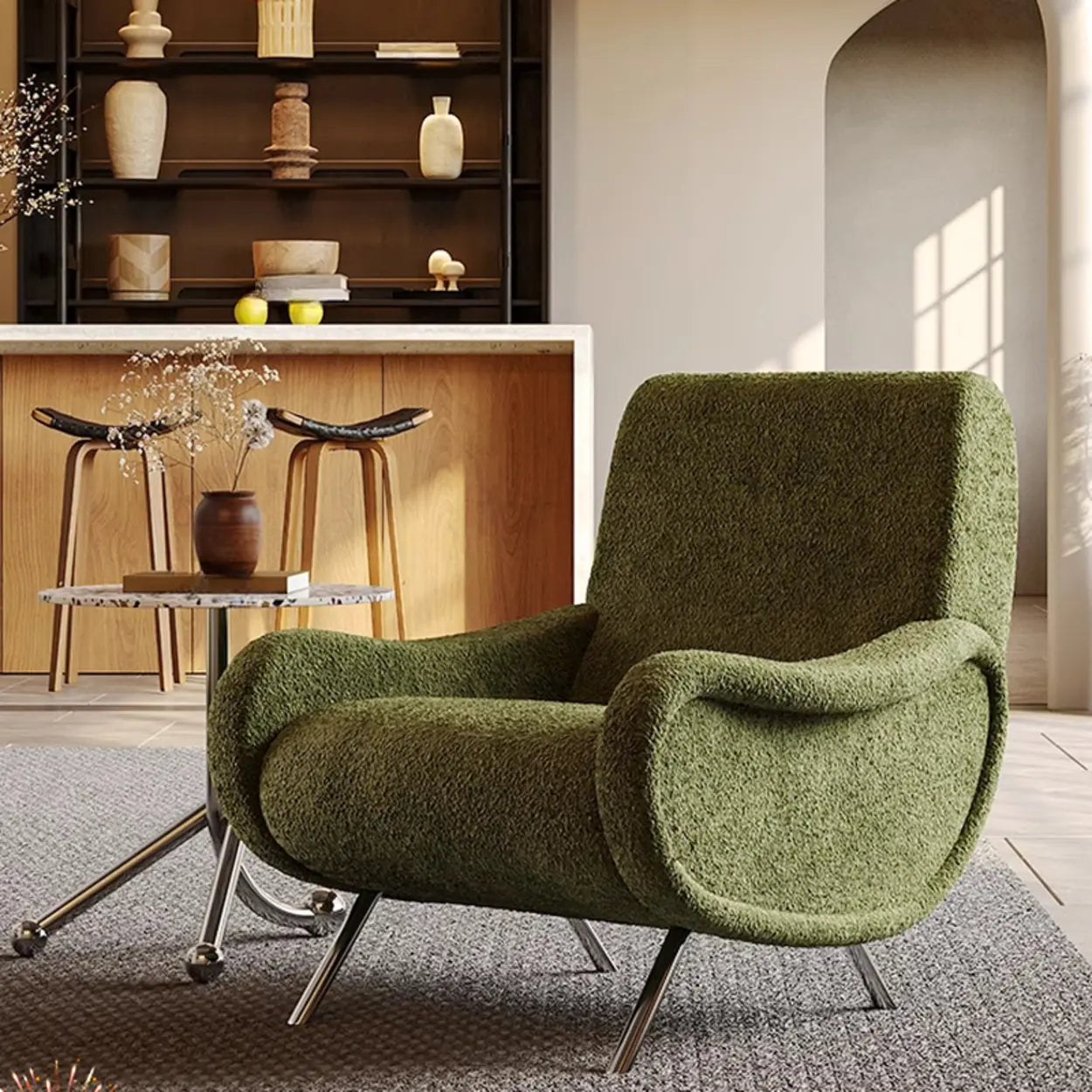 Modern Curved Olive Green Lounge Accent Chair
