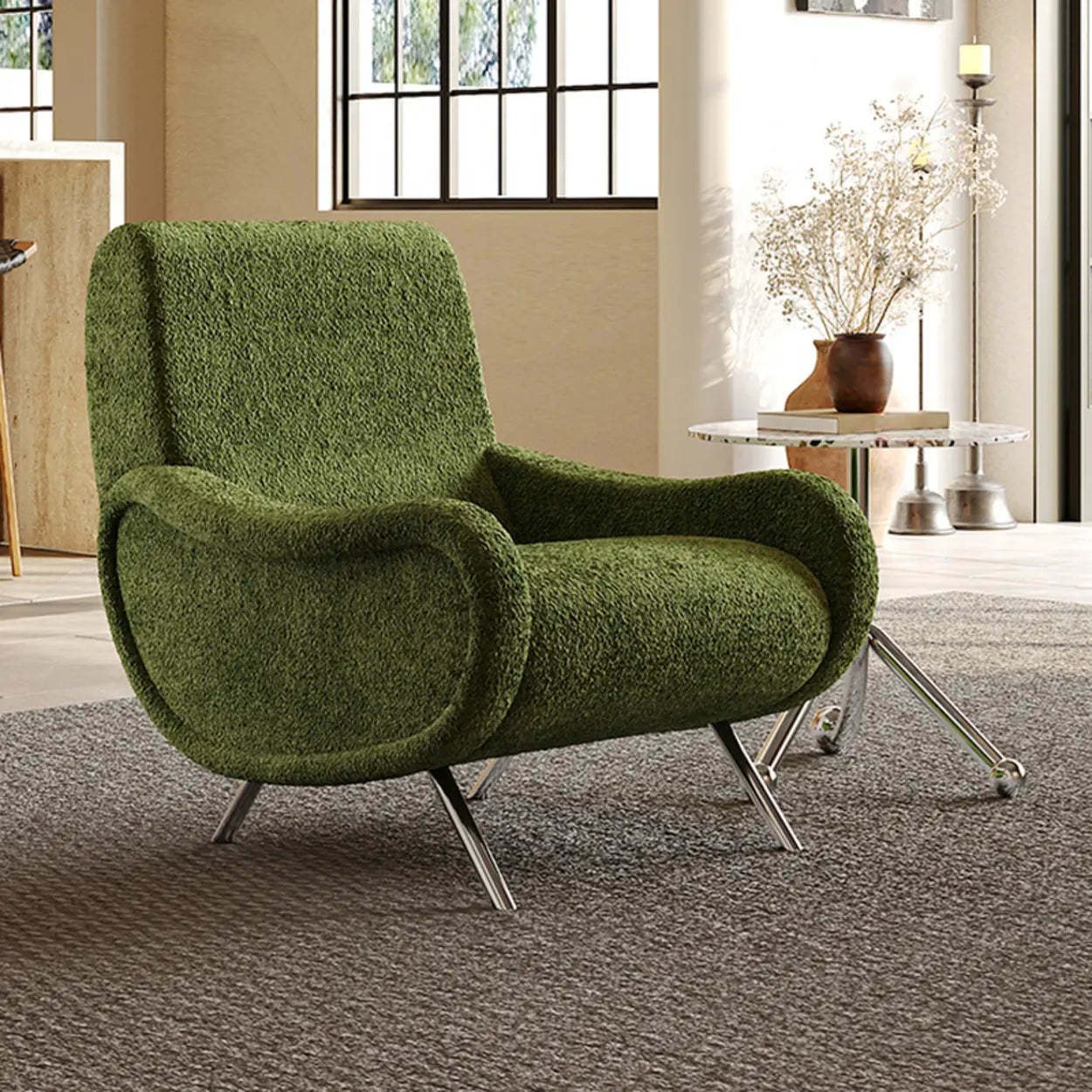 Modern Curved Olive Green Lounge Accent Chair — Green / Chenille