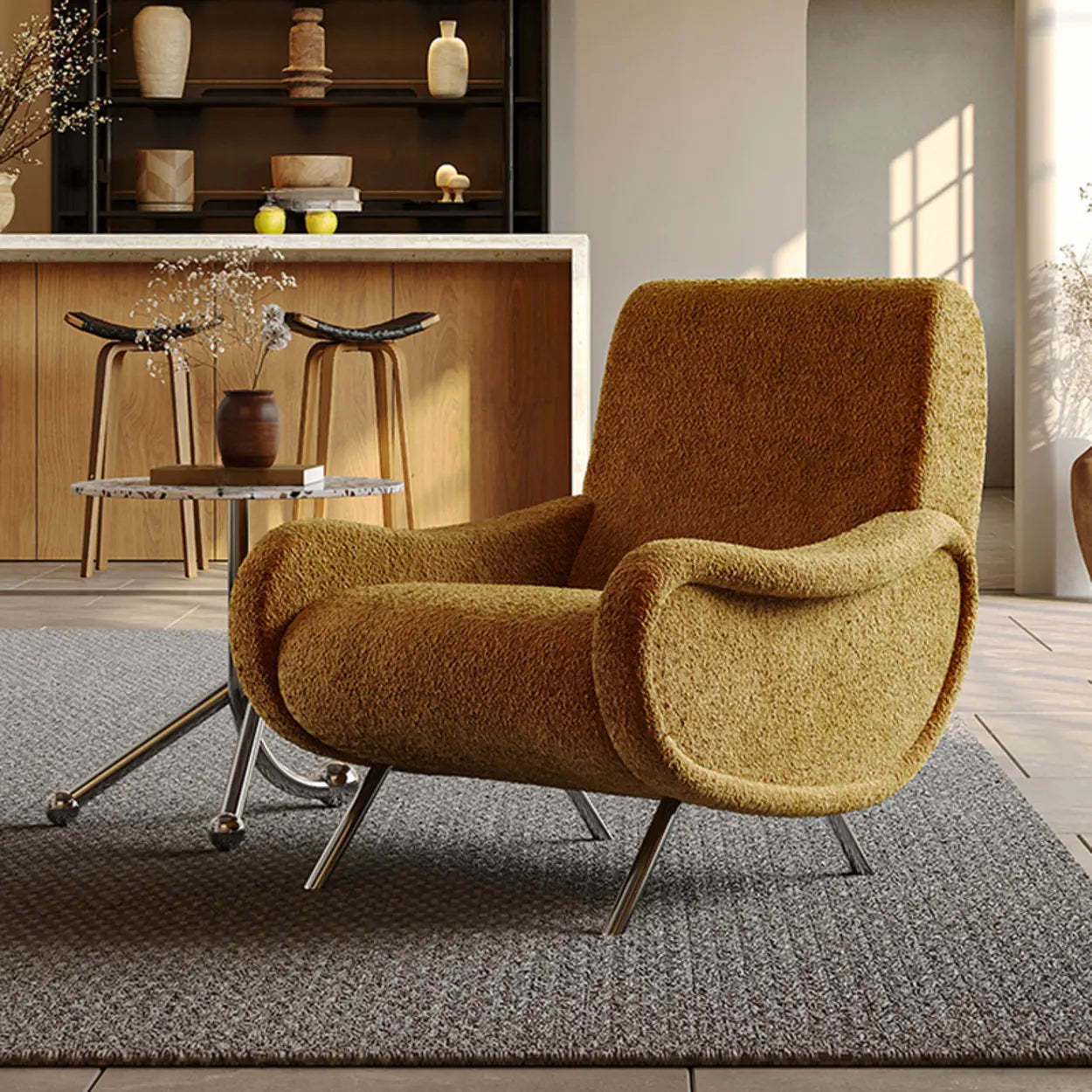 Modern Curved Olive Green Lounge Accent Chair
