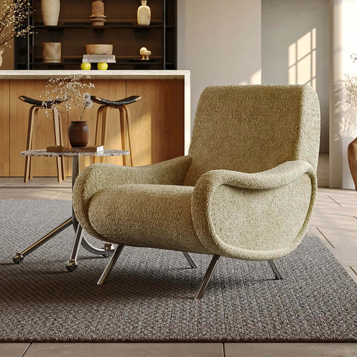 Modern Curved Olive Green Lounge Accent Chair