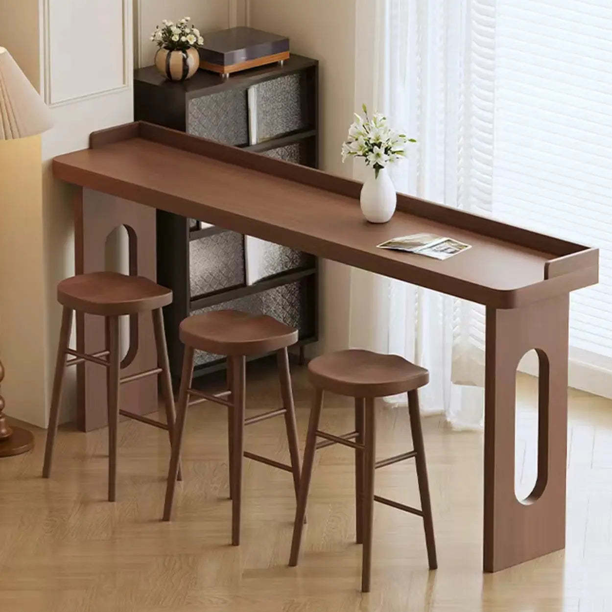 Modern Double Pedestal Brown Wood Bar Table — Table Only
