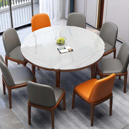 Modern Drop-Leaf Extendable Stone Round Dining Table — Black / Table Only