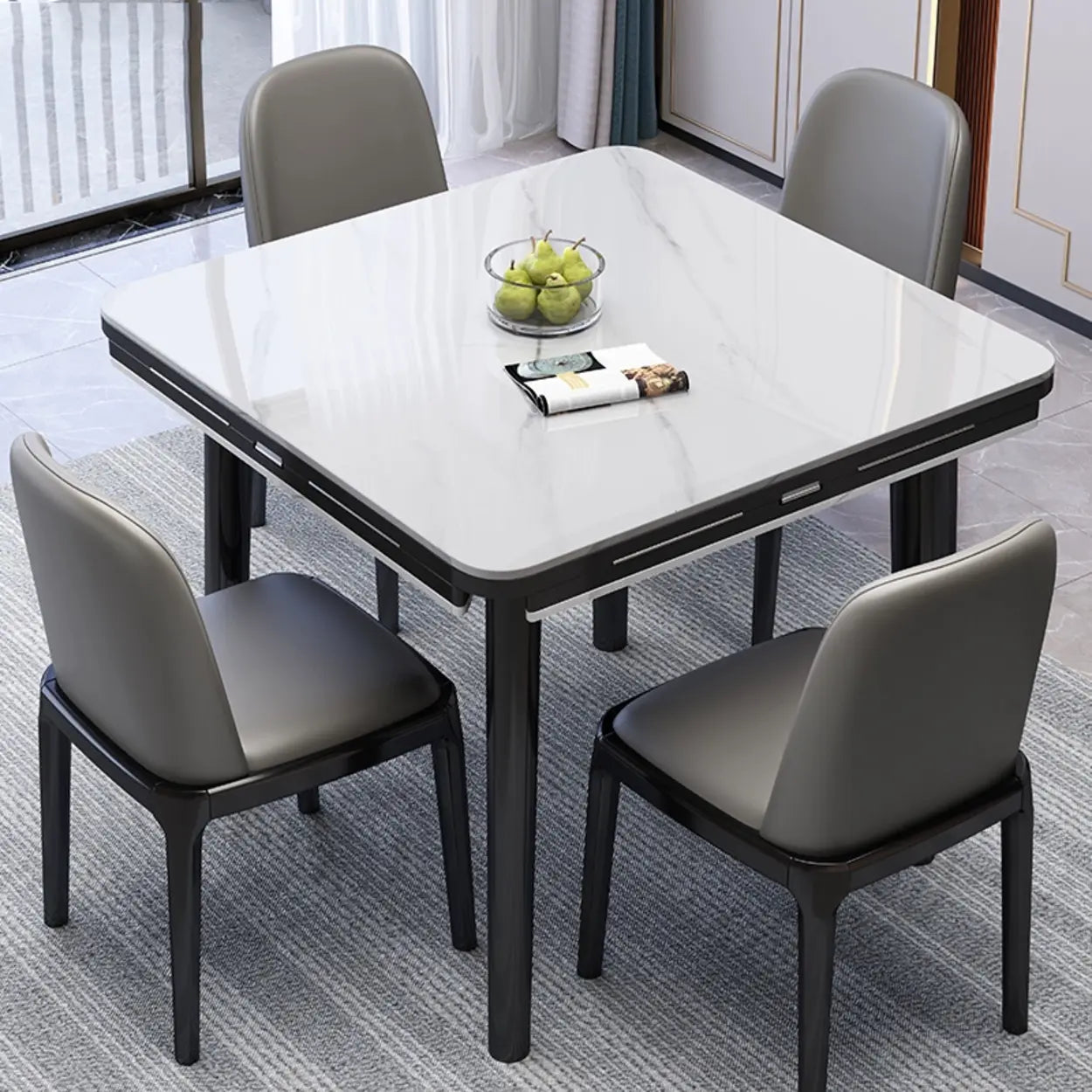 Modern Drop-Leaf Extendable Stone Round Dining Table — Black / Table Only