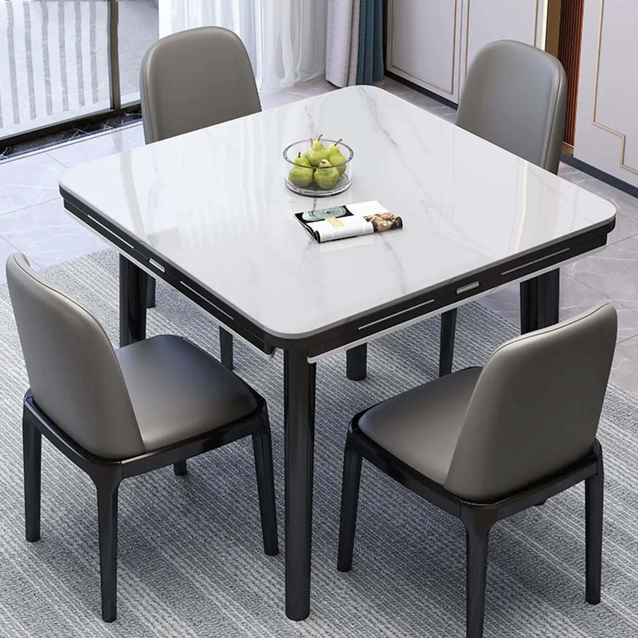 Modern Drop-Leaf Extendable Stone Round Dining Table — Black / Table Only