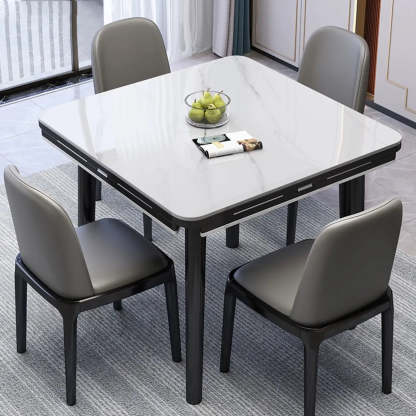 Modern Drop-Leaf Extendable Stone Round Dining Table — Black / Table Only