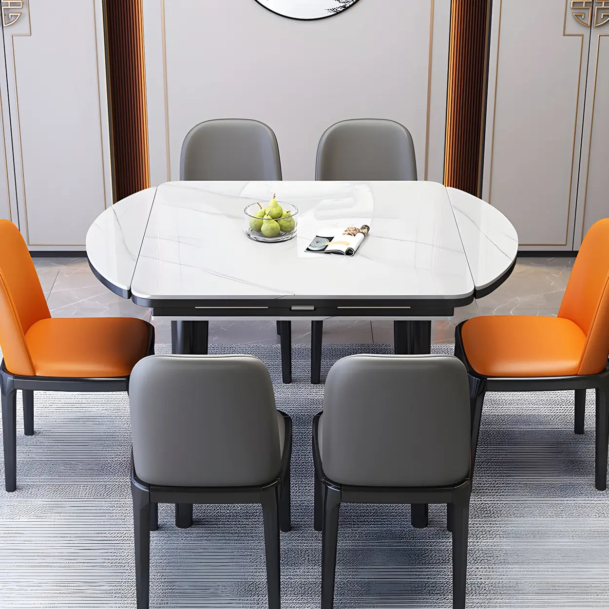 Modern Drop-Leaf Extendable Stone Round Dining Table — Brown / Table Only
