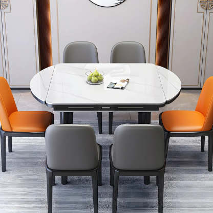 Modern Drop-Leaf Extendable Stone Round Dining Table — Brown / Table Only