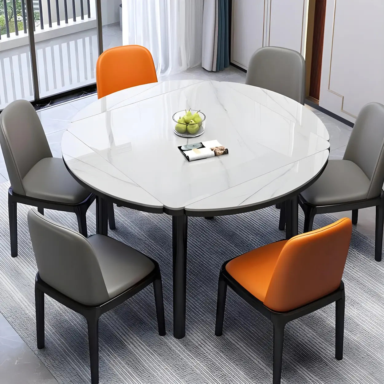 Modern Drop-Leaf Extendable Stone Round Dining Table — Brown / Table Only