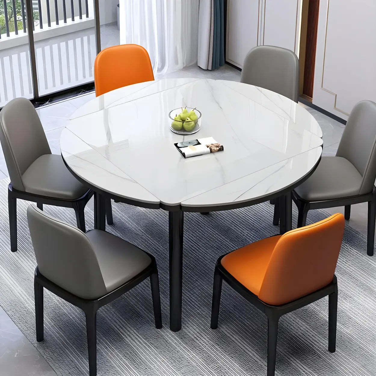 Modern Drop-Leaf Extendable Stone Round Dining Table — Brown / Table Only