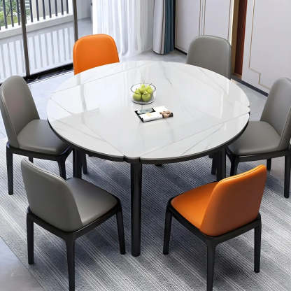 Modern Drop-Leaf Extendable Stone Round Dining Table — Brown / Table Only