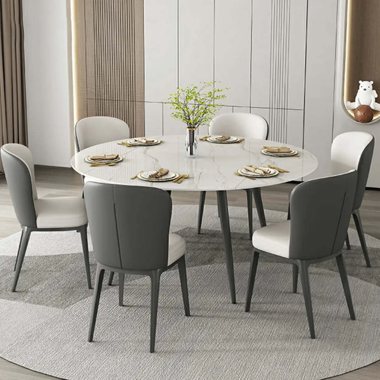 Modern Elegant Round White Marble Extendable Dining Table — Table Only