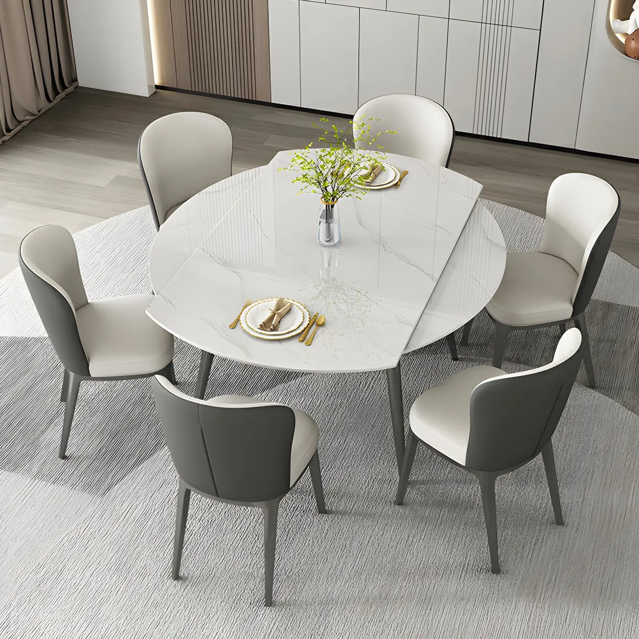 Modern Elegant Round White Marble Extendable Dining Table — Table Only