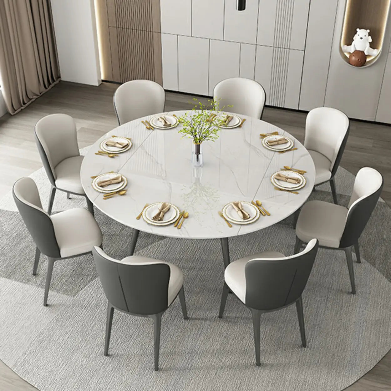 Modern Elegant Round White Marble Extendable Dining Table — Table Only