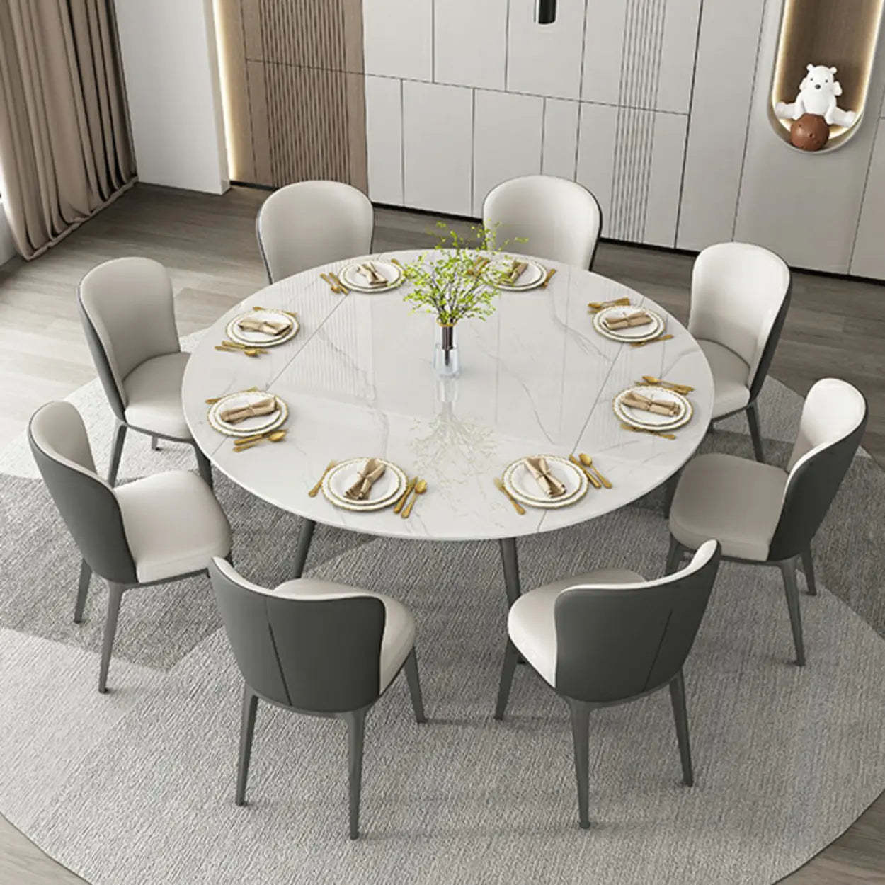 Modern Elegant Round White Marble Extendable Dining Table — Table Only