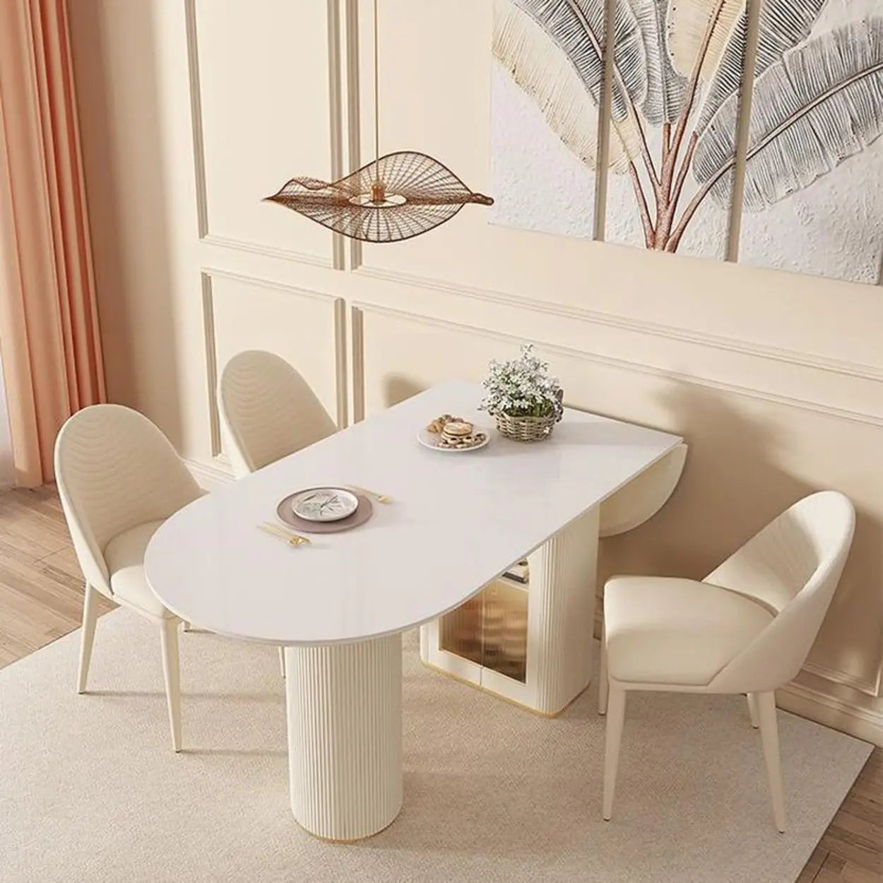 Modern Elegant White Stone-Top Oval Extendable Dining Table