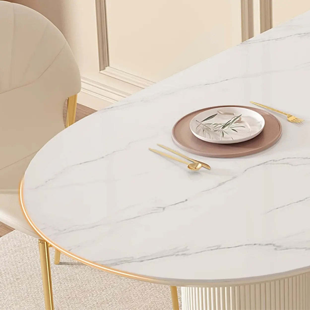 Modern Elegant White Stone-Top Oval Extendable Dining Table
