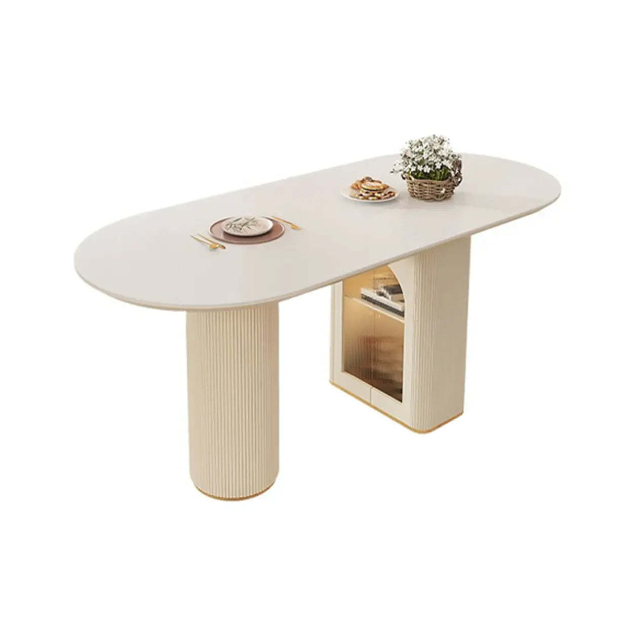 Modern Elegant White Stone-Top Oval Extendable Dining Table — White Inner / Table Only