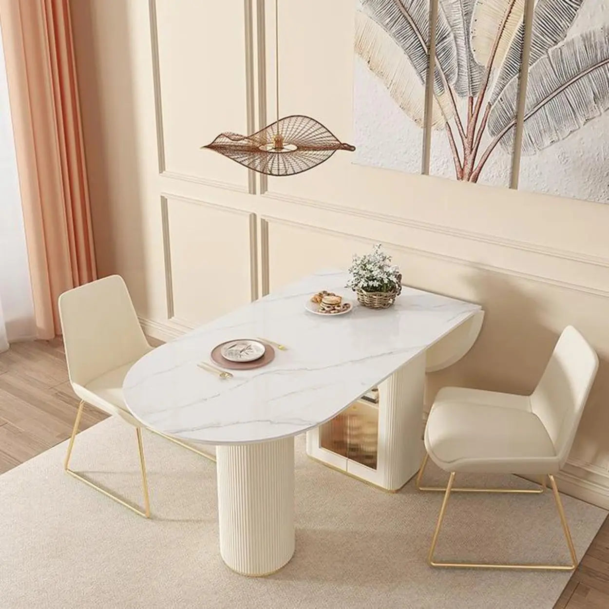 Modern Elegant White Stone-Top Oval Extendable Dining Table — White Inner / Table Only