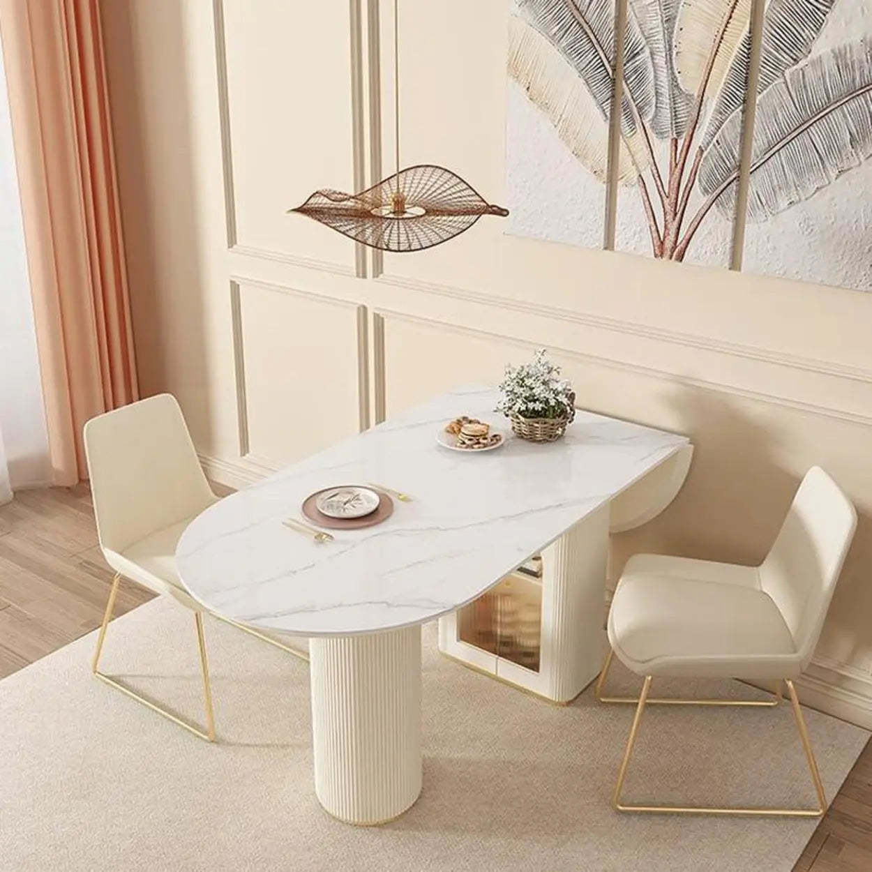 Modern Elegant White Stone-Top Oval Extendable Dining Table — White Inner / Table Only
