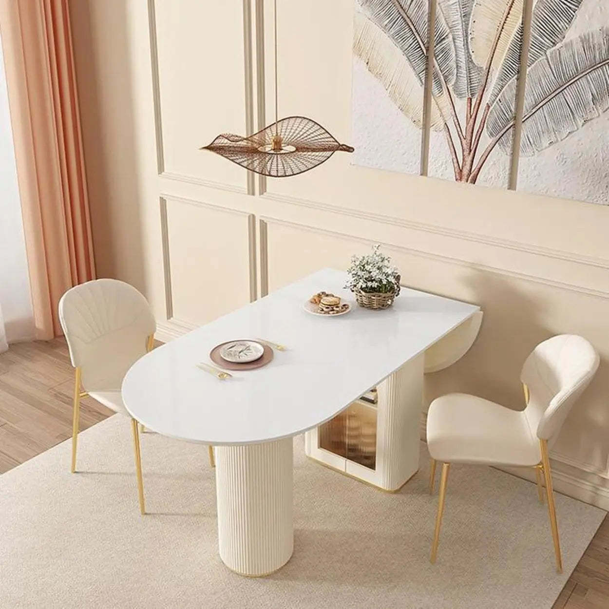 Modern Elegant White Stone-Top Oval Extendable Dining Table
